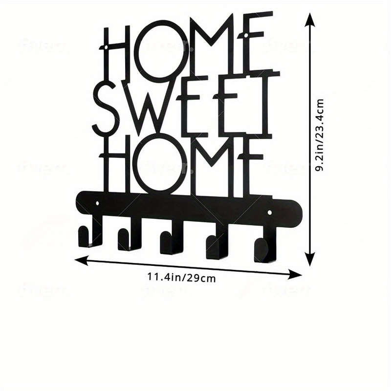Home Sweet Home" Wall-Mounted Key Holder with 5 HooksDecorative Metal Organizer for Keys Coats