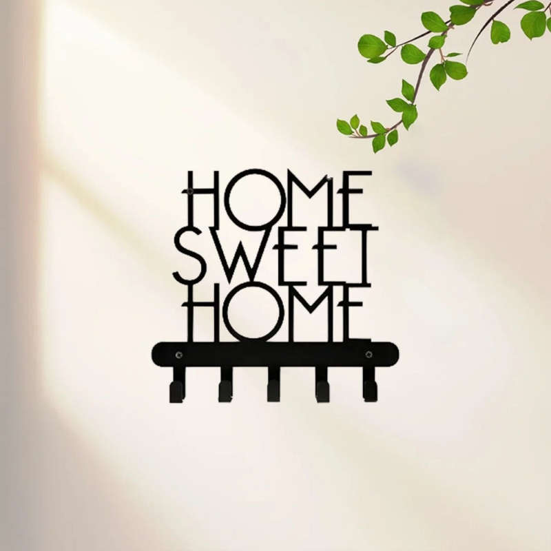 Home Sweet Home" Wall-Mounted Key Holder with 5 HooksDecorative Metal Organizer for Keys Coats