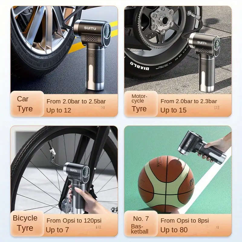 1pc Portable Air Compressor Pump USB Rechargeable 18650 Lithium Battery Wireless Tire Inflator with