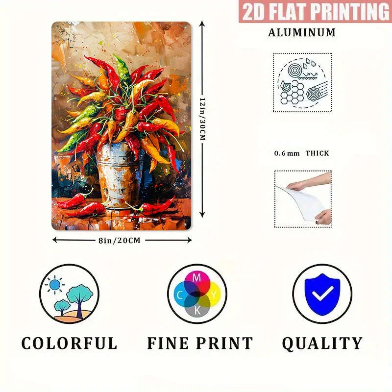 1pc Colorful Chili Pepper Aluminum Wall Art Vintage-Inspired Metal Sign 20.32x30.48cm Fine Print Qua