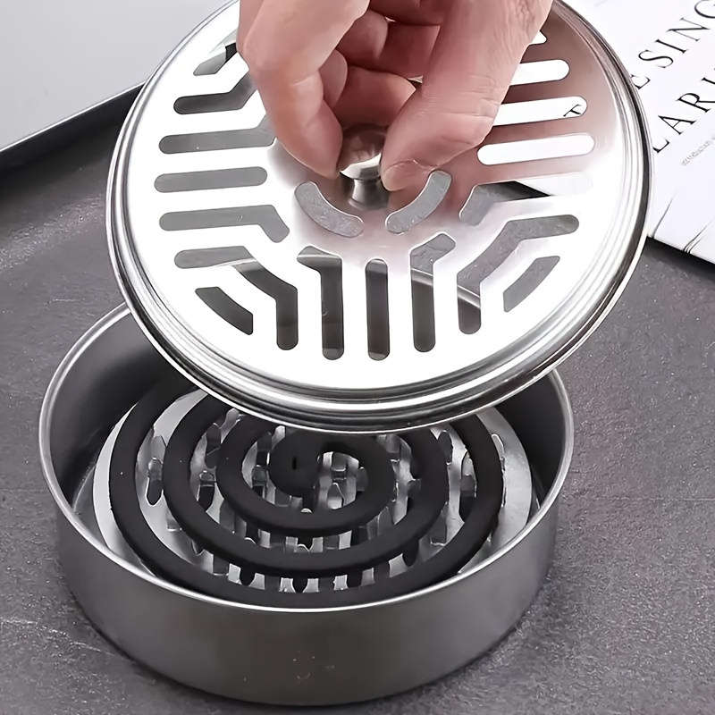 1pc Stainless Steel Mosquito Coil Holder with Lid and Ashtray Fireproof Heat-Resistant Home Deco
