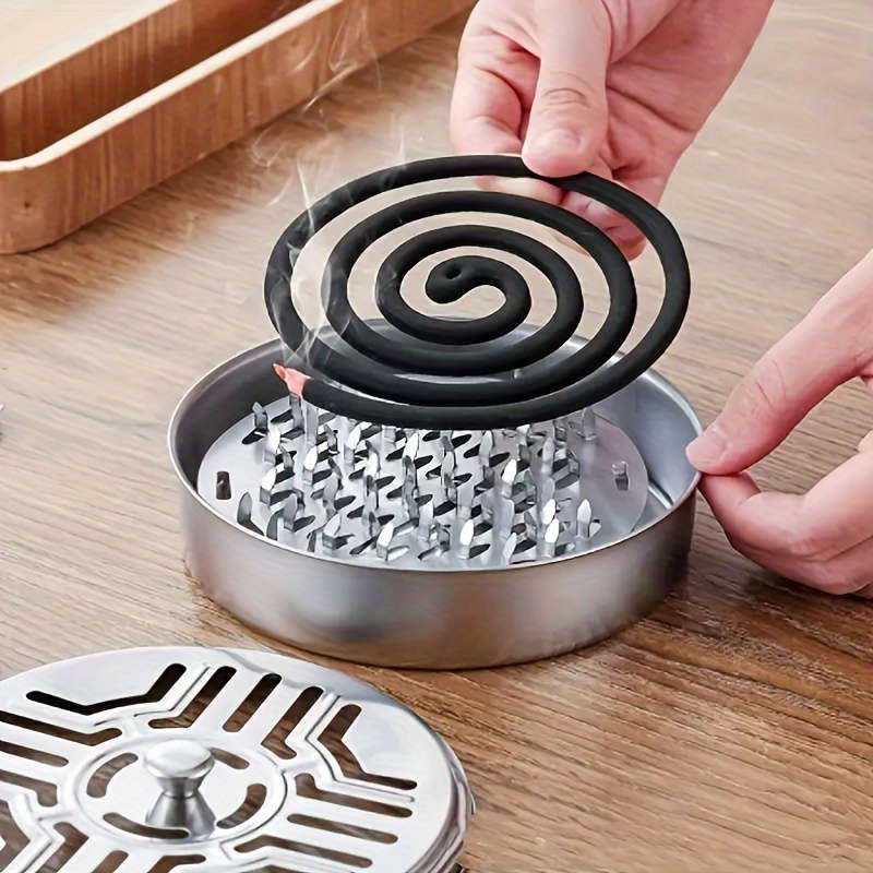 1pc Stainless Steel Mosquito Coil Holder with Lid and Ashtray Fireproof Heat-Resistant Home Deco