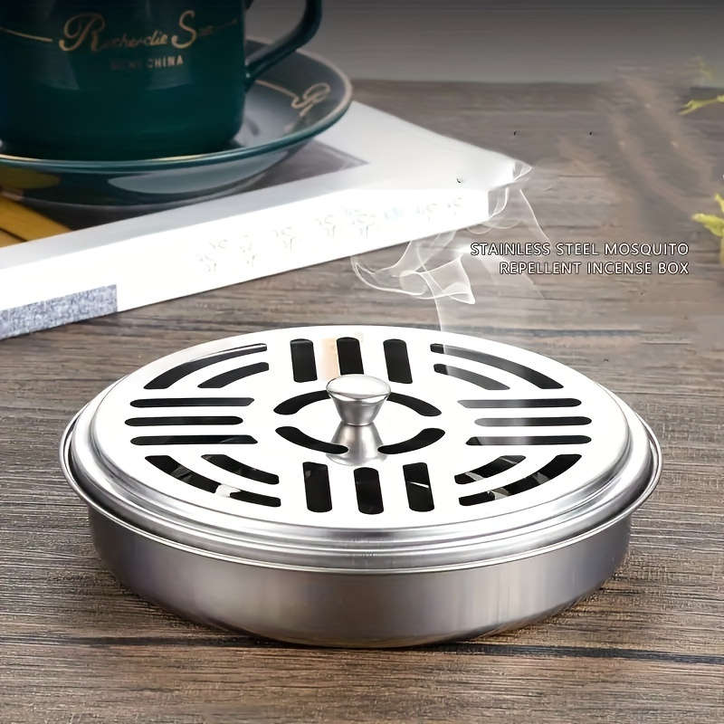 1pc Stainless Steel Mosquito Coil Holder with Lid and Ashtray Fireproof Heat-Resistant Home Deco