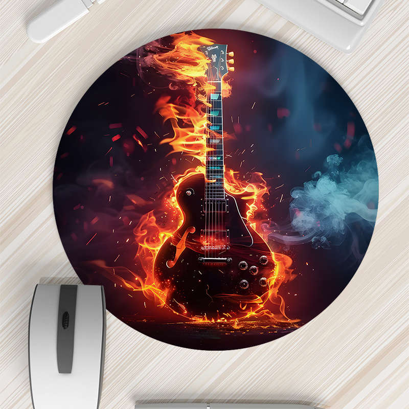 1pc Flaming Guitar Design Round Mouse Pad Non-Slip Durable Comfortable Rubber Des