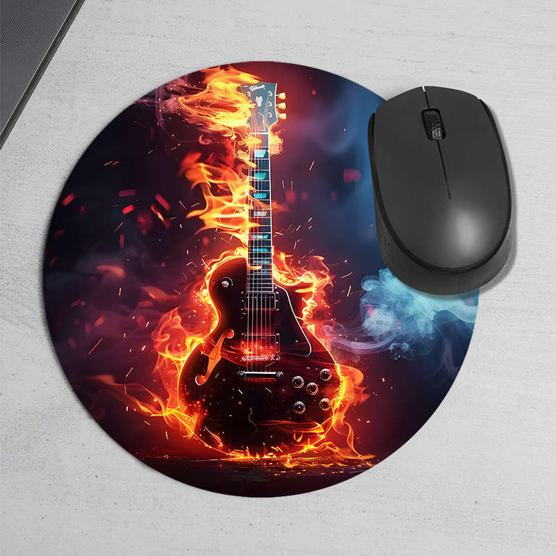 1pc Flaming Guitar Design Round Mouse Pad Non-Slip Durable Comfortable Rubber Des