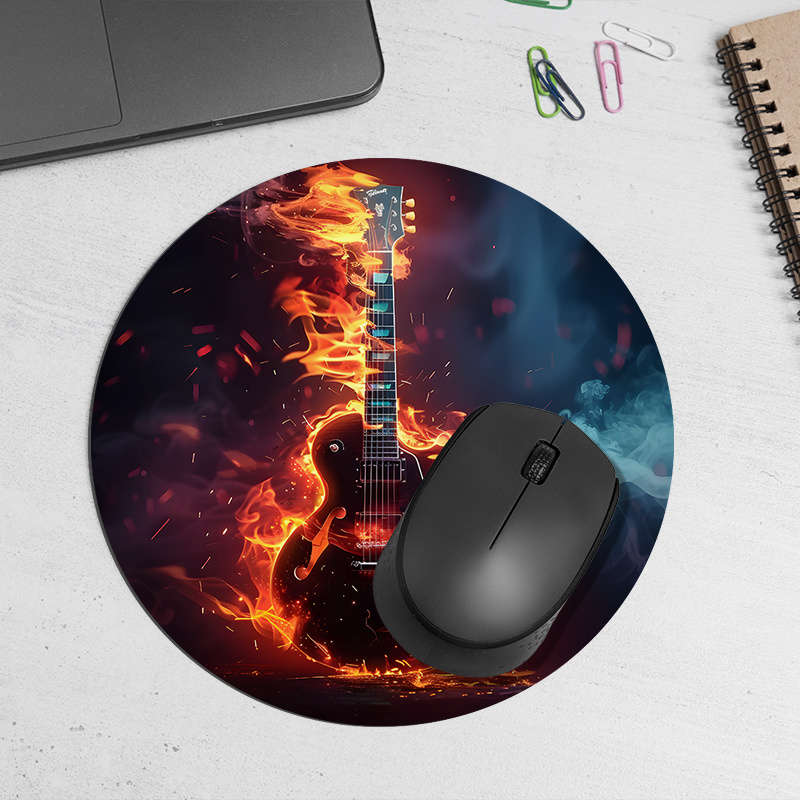 1pc Flaming Guitar Design Round Mouse Pad Non-Slip Durable Comfortable Rubber Des