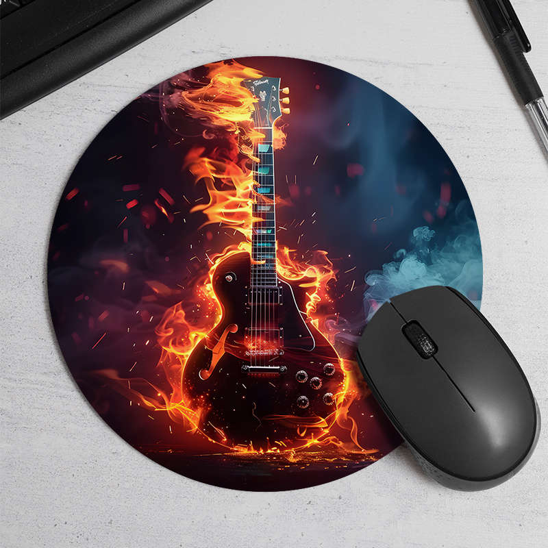 1pc Flaming Guitar Design Round Mouse Pad Non-Slip Durable Comfortable Rubber Des