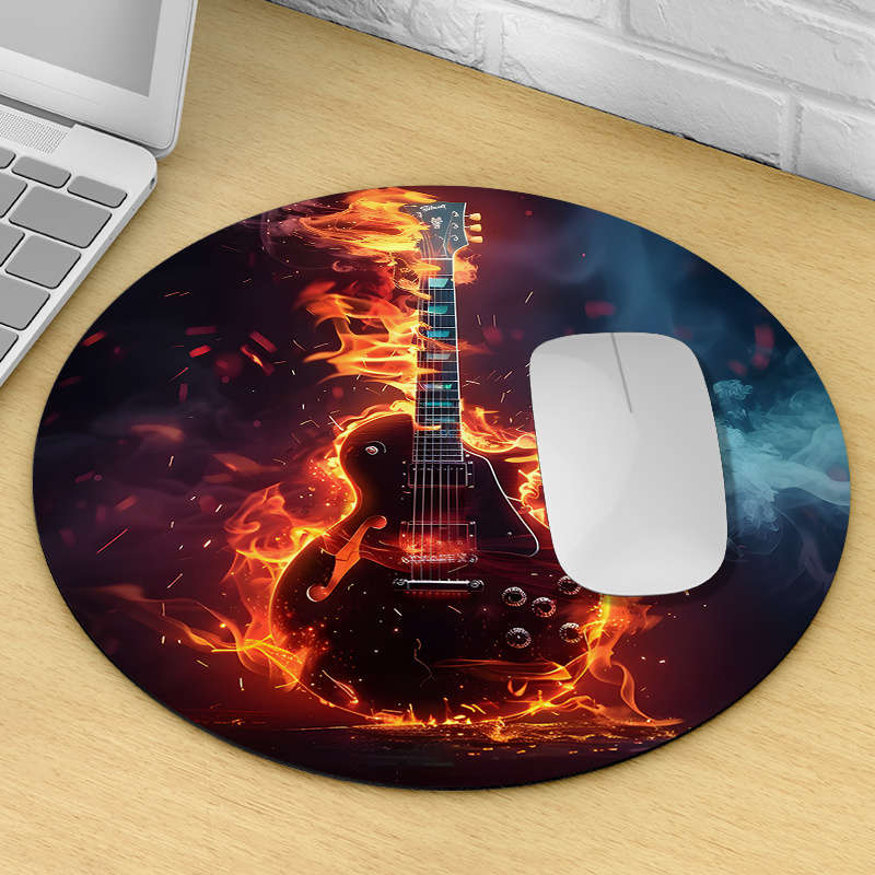 1pc Flaming Guitar Design Round Mouse Pad Non-Slip Durable Comfortable Rubber Des
