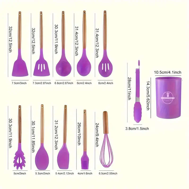 12pcs Silicone Kitchen Utensil Set with Wooden Handles Non-Stick Food-Safe Cooking Tools Washable Du