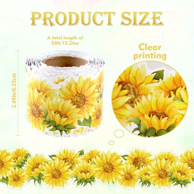 Sunflower Die-Cut Trim Border Roll - Yellow & Brown Paper Decor for Bulletin Boards, Classroom, Scho
