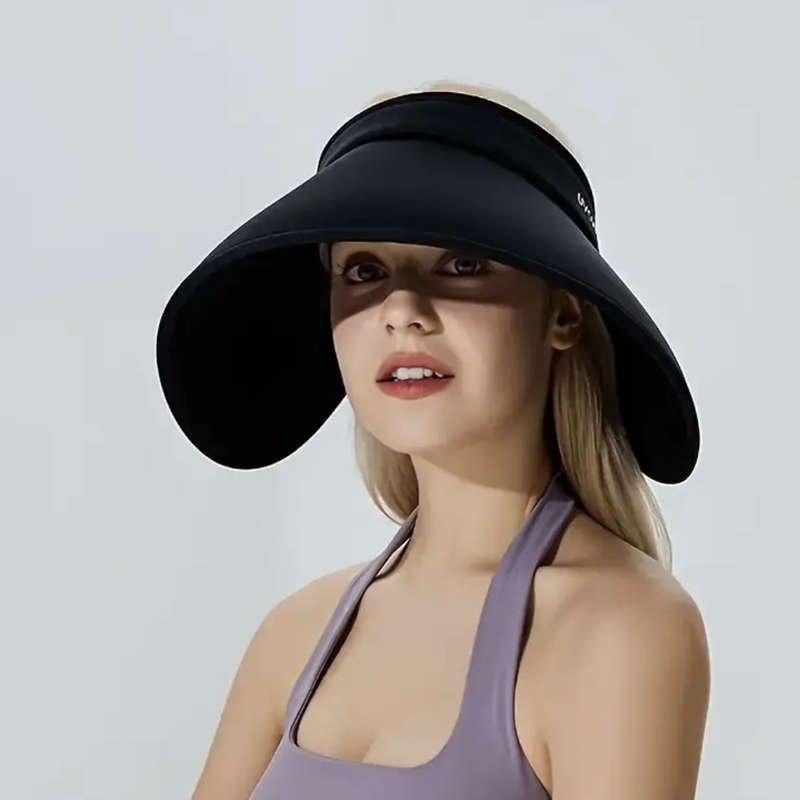1pc Stylish Wide-Brimmed Black Sun Hat Foldable with an Open Top Perfect for Summer Ponytails.