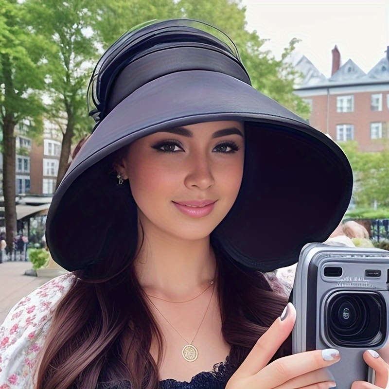 1pc Stylish Wide-Brimmed Black Sun Hat Foldable with an Open Top Perfect for Summer Ponytails.