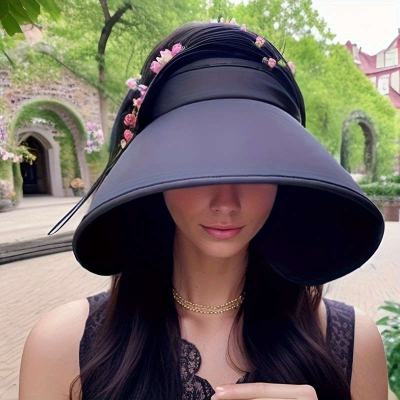 1pc Stylish Wide-Brimmed Black Sun Hat Foldable with an Open Top Perfect for Summer Ponytails.