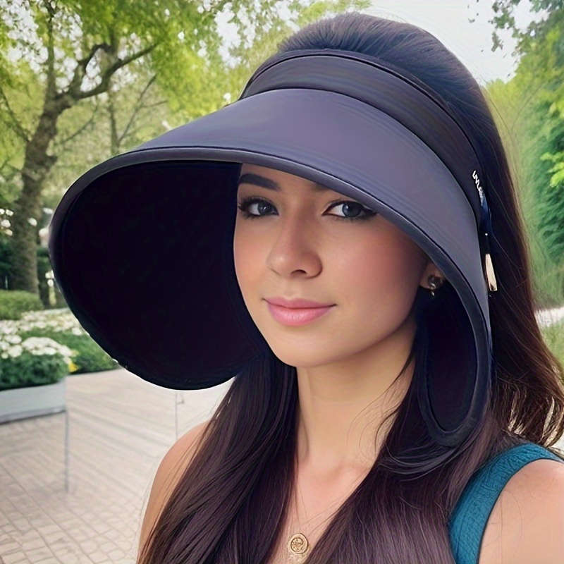1pc Stylish Wide-Brimmed Black Sun Hat Foldable with an Open Top Perfect for Summer Ponytails.