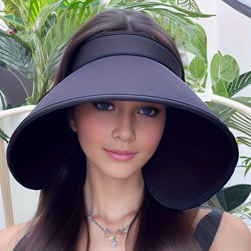 1pc Stylish Wide-Brimmed Black Sun Hat Foldable with an Open Top Perfect for Summer Ponytails.