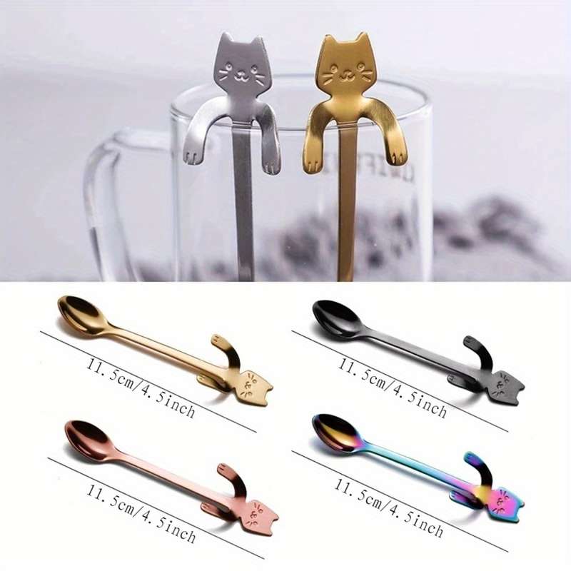 3pcs Stainless Steel Cat Shaped Coffee Spoons Set Mini Ice Cream Scoops Charming Kitchen Uten