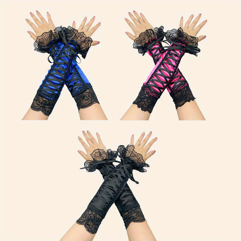 1 Pair Rose Red Elegant Black Lace Gloves