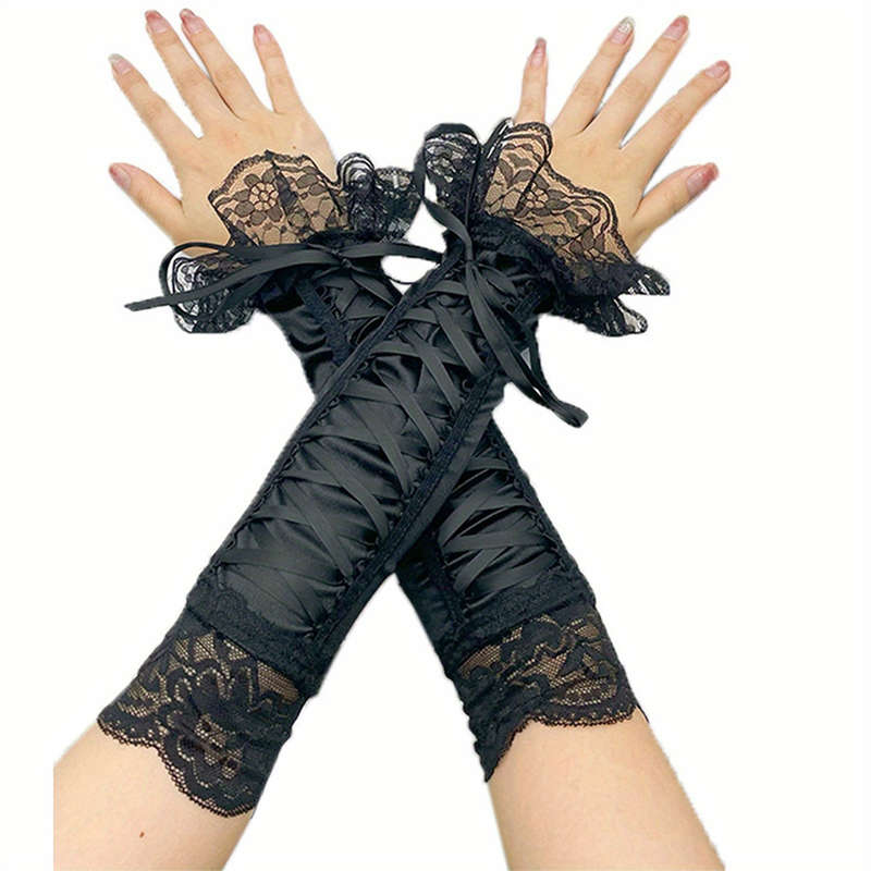 1 Pair Rose Red Elegant Black Lace Gloves