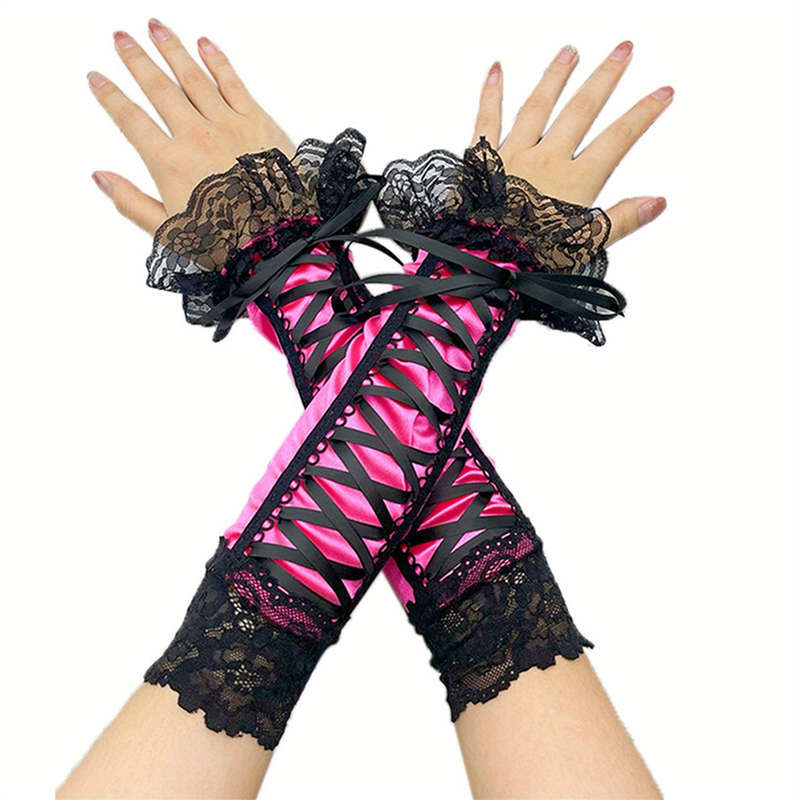 1 Pair Rose Red Elegant Black Lace Gloves