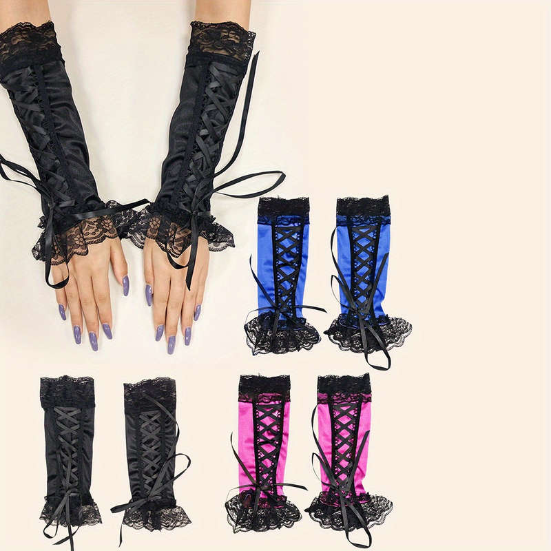 1 Pair Rose Red Elegant Black Lace Gloves