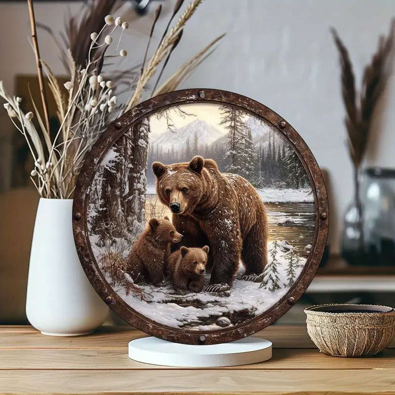 1pc 2D Flat Print Round Vintage Metal Aluminum Sign Wall art Brown Bear Themed for Bar Kitchen Coffe