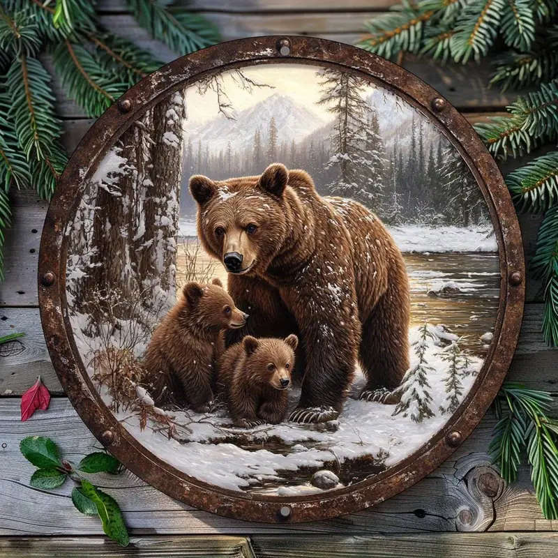 1pc 2D Flat Print Round Vintage Metal Aluminum Sign Wall art Brown Bear Themed for Bar Kitchen Coffe