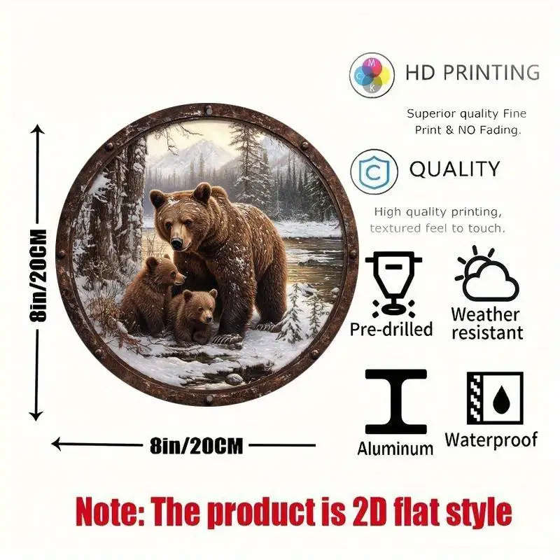 1pc 2D Flat Print Round Vintage Metal Aluminum Sign Wall art Brown Bear Themed for Bar Kitchen Coffe
