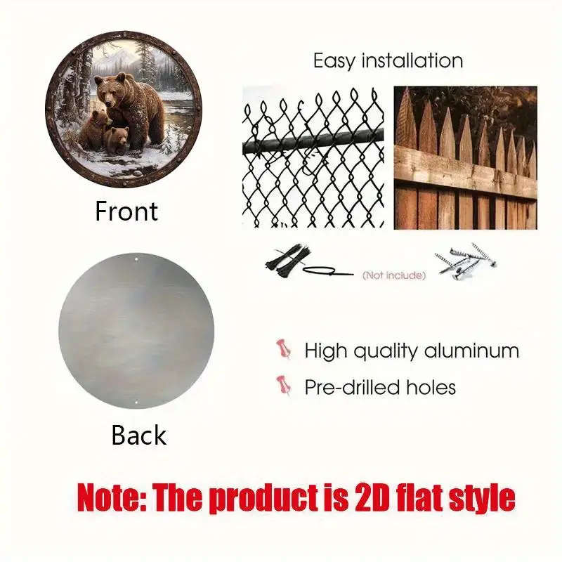 1pc 2D Flat Print Round Vintage Metal Aluminum Sign Wall art Brown Bear Themed for Bar Kitchen Coffe