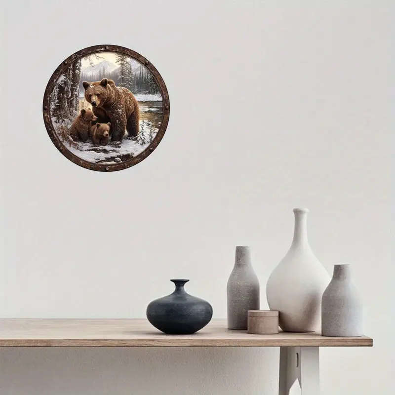 1pc 2D Flat Print Round Vintage Metal Aluminum Sign Wall art Brown Bear Themed for Bar Kitchen Coffe