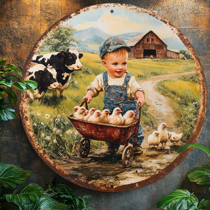 1pc Vintage Farm Scene Metal Sign 20.32cm Round Aluminum Wall Hanging Art Classic Style Multipurpose