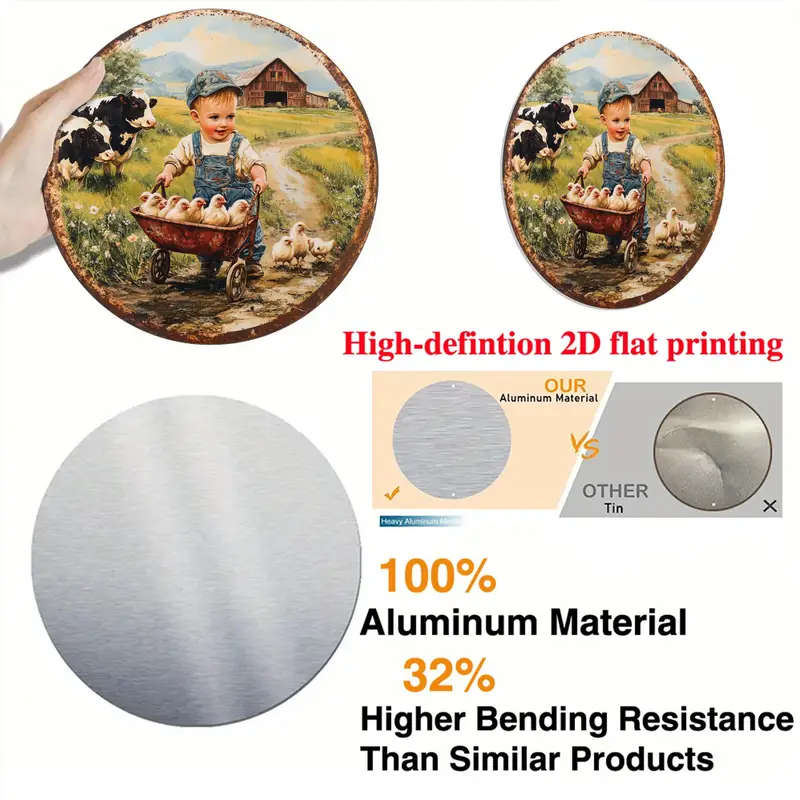 1pc Vintage Farm Scene Metal Sign 20.32cm Round Aluminum Wall Hanging Art Classic Style Multipurpose