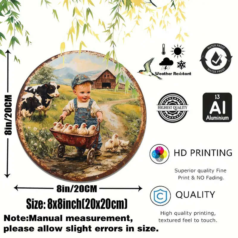 1pc Vintage Farm Scene Metal Sign 20.32cm Round Aluminum Wall Hanging Art Classic Style Multipurpose