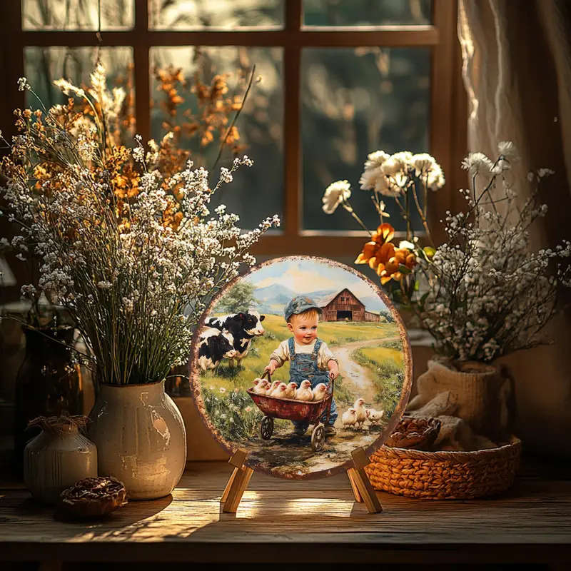 1pc Vintage Farm Scene Metal Sign 20.32cm Round Aluminum Wall Hanging Art Classic Style Multipurpose