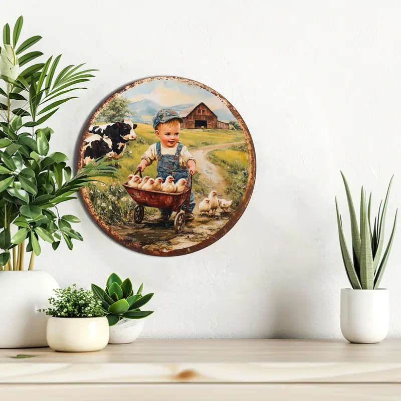 1pc Vintage Farm Scene Metal Sign 20.32cm Round Aluminum Wall Hanging Art Classic Style Multipurpose