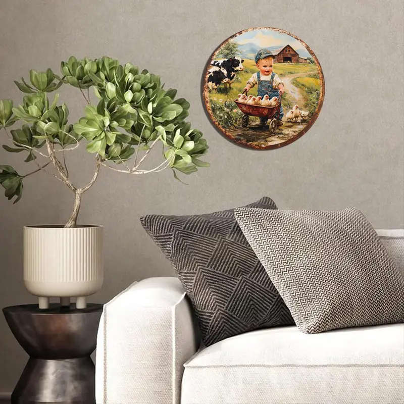 1pc Vintage Farm Scene Metal Sign 20.32cm Round Aluminum Wall Hanging Art Classic Style Multipurpose