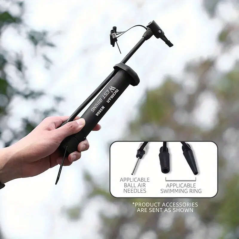 1pc Compact Portable Manual Bike Pump with Attachments PE Black Includes Ball Swim Ring Nozzles Easy
