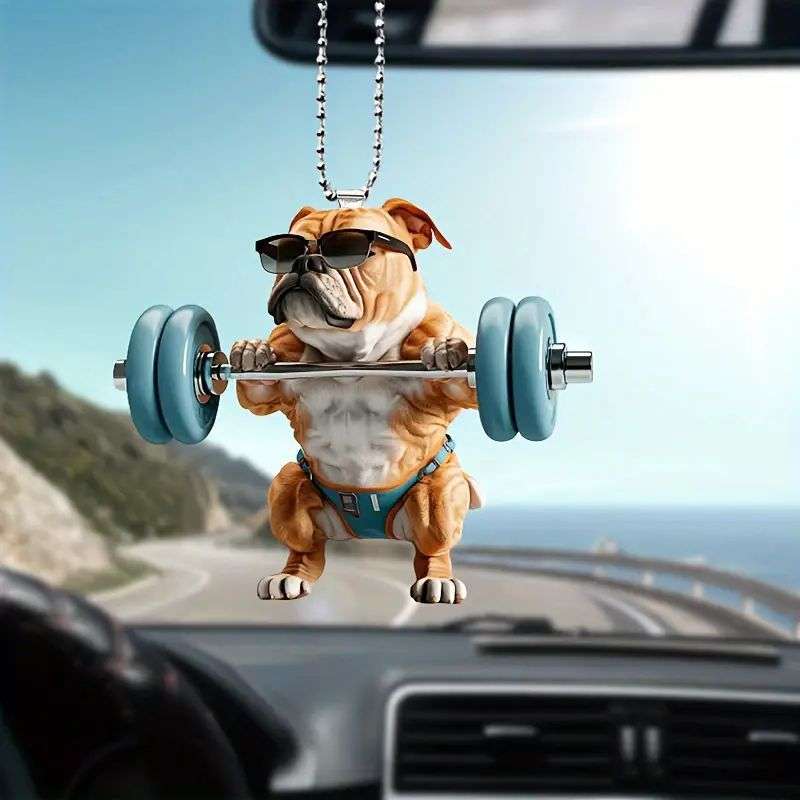 1pc 2D Flat   Funny Bulldog Acrylic Pendant with Glasses Dumbbells 7.98cm Fitness-Themed Ca
