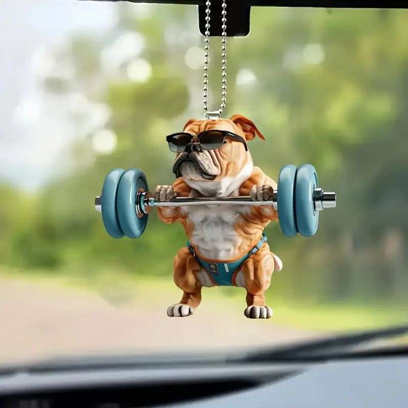 1pc 2D Flat   Funny Bulldog Acrylic Pendant with Glasses Dumbbells 7.98cm Fitness-Themed Ca