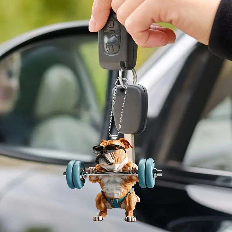 1pc 2D Flat   Funny Bulldog Acrylic Pendant with Glasses Dumbbells 7.98cm Fitness-Themed Ca