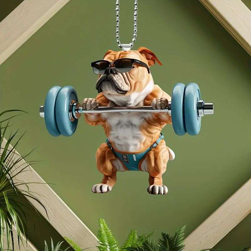 1pc 2D Flat   Funny Bulldog Acrylic Pendant with Glasses Dumbbells 7.98cm Fitness-Themed Ca
