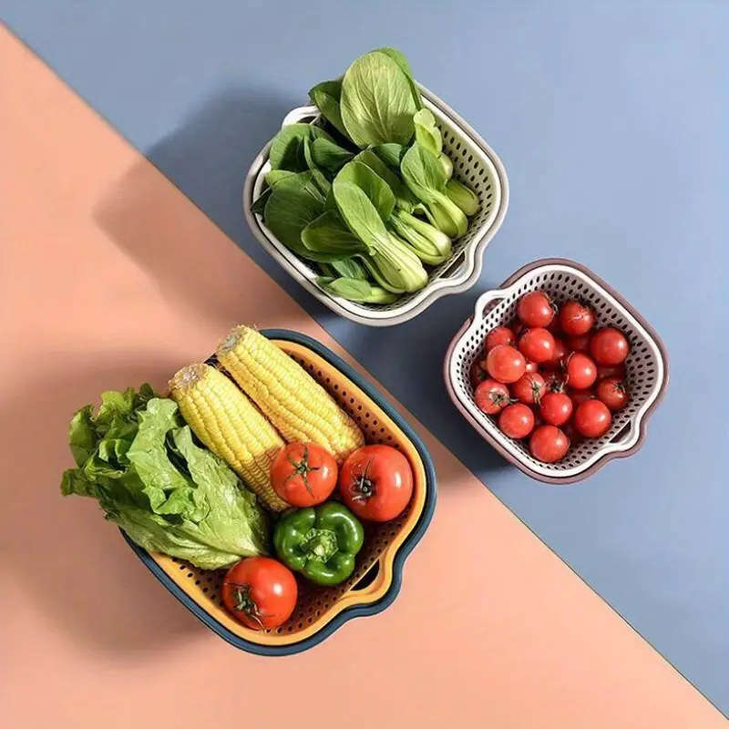 6 Piece Plastic Colander Set Double-Layer Drain Basket Reusable Kitchen Strainers for Rinsing Fruits