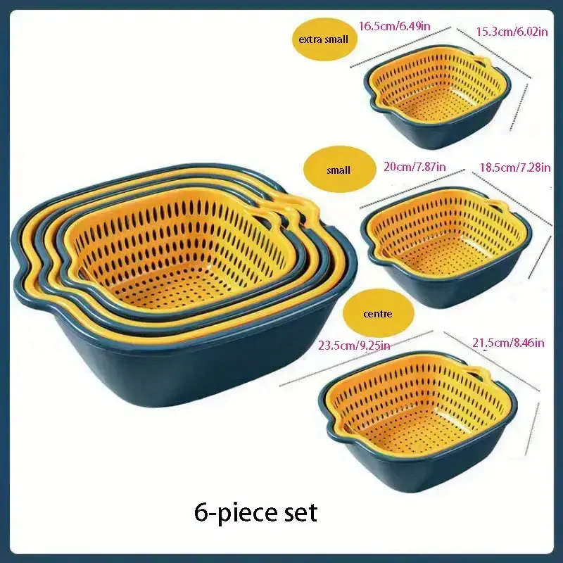 6 Piece Plastic Colander Set Double-Layer Drain Basket Reusable Kitchen Strainers for Rinsing Fruits
