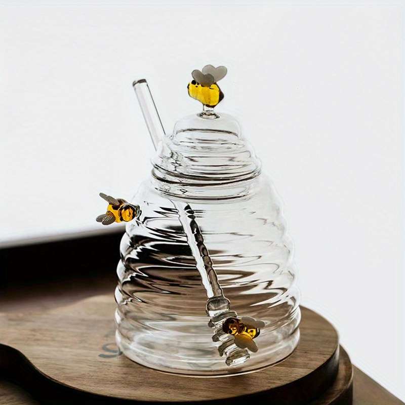 1pc 500ml 16.9oz Heat-Resistant Glass Honey Jar with Stirring Rod Cute Bee Design Transparen