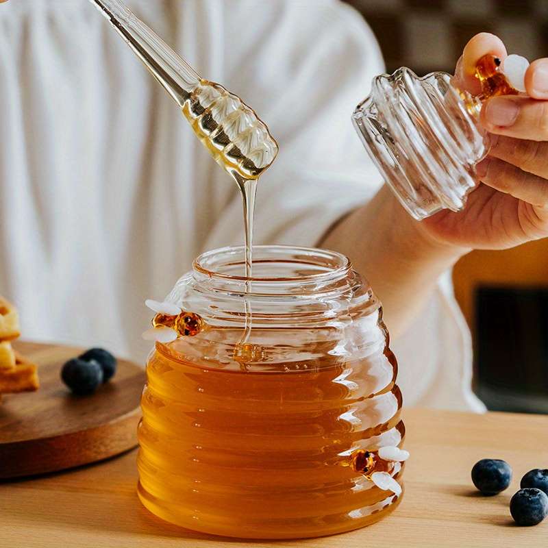 1pc 500ml 16.9oz Heat-Resistant Glass Honey Jar with Stirring Rod Cute Bee Design Transparen