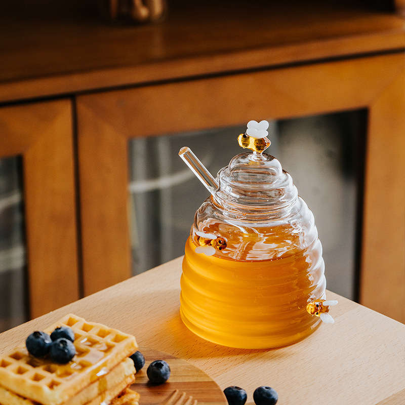 1pc 500ml 16.9oz Heat-Resistant Glass Honey Jar with Stirring Rod Cute Bee Design Transparen