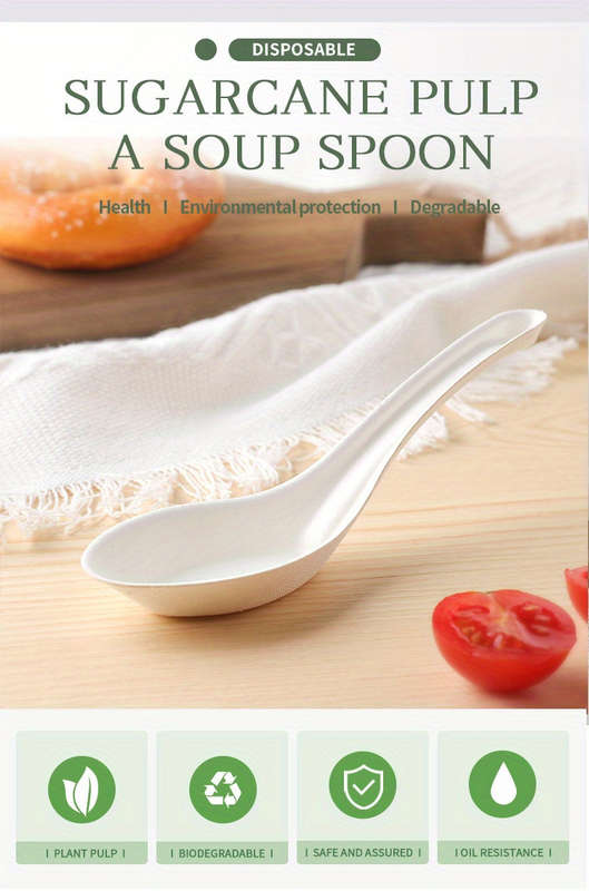 30pcs Sustainable Sugarcane Pulp Soup Spoons Food Grade Compostable Tableware for Birthday D