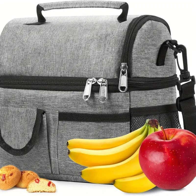 1pc Large Grey Insulated Tote Lunch Bag Spacious 2-Compartment Thermal with Shoulder Strap Leakproof