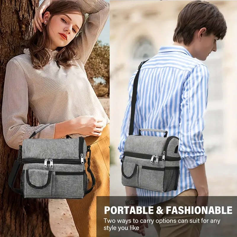 1pc Large Grey Insulated Tote Lunch Bag Spacious 2-Compartment Thermal with Shoulder Strap Leakproof