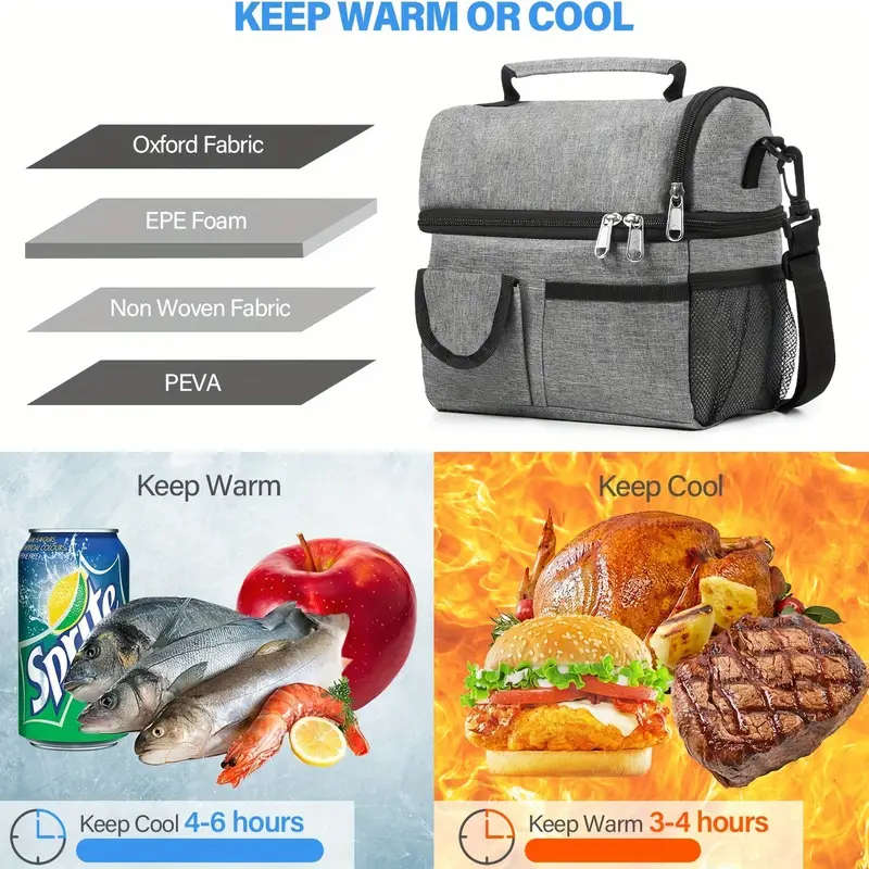 1pc Large Grey Insulated Tote Lunch Bag Spacious 2-Compartment Thermal with Shoulder Strap Leakproof