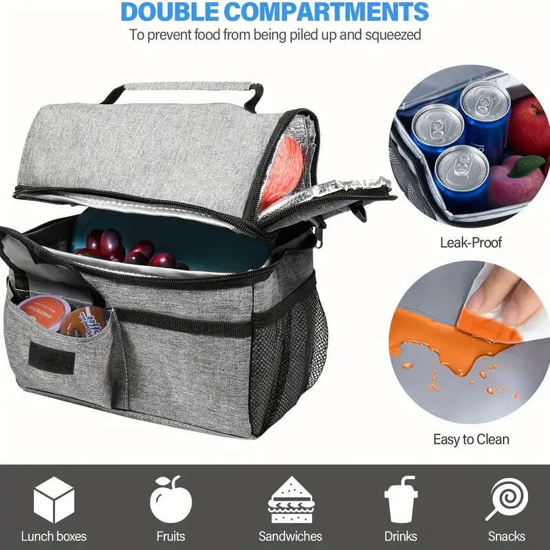 1pc Large Grey Insulated Tote Lunch Bag Spacious 2-Compartment Thermal with Shoulder Strap Leakproof
